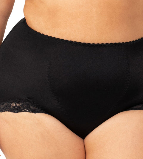 Close up of Triumph’s high-waisted Tum-E-Lace Brief in Black, showing flattering rear coverage—shop The Foundation comfort range.