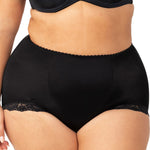 Front view of Triumph Something Else Tum-E-Lace Full Brief in Black with tummy control panel and lace trim—available at The Foundation.