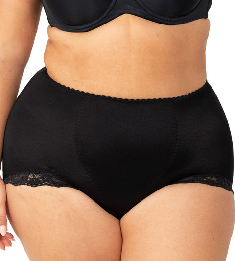 Front view of Triumph Something Else Tum-E-Lace Full Brief in Black with tummy control panel and lace trim—available at The Foundation.