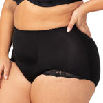 Side angle of the Triumph Tum-E-Lace Support Brief in Black featuring soft stretch fabric and lace trim—available from The Foundation.