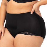 Side angle of the Triumph Tum-E-Lace Support Brief in Black featuring soft stretch fabric and lace trim—available from The Foundation.