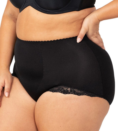Side angle of the Triumph Tum-E-Lace Support Brief in Black featuring soft stretch fabric and lace trim—available from The Foundation.