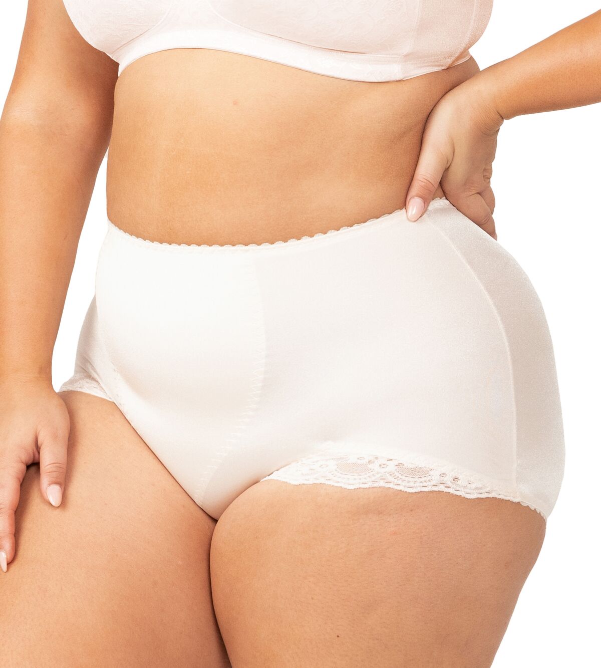 Front view of the Something Else Tum-E-Lace Full Brief Fresh Powder by Triumph, featuring reinforced panel for ultimate comfort.