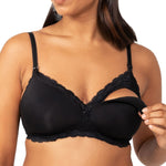 Model in Gorgeous Mama Maternity Bra Black showing nursing clip on cup with lace trim.