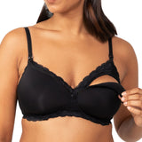 Model in Gorgeous Mama Maternity Bra Black showing nursing clip on cup with lace trim.