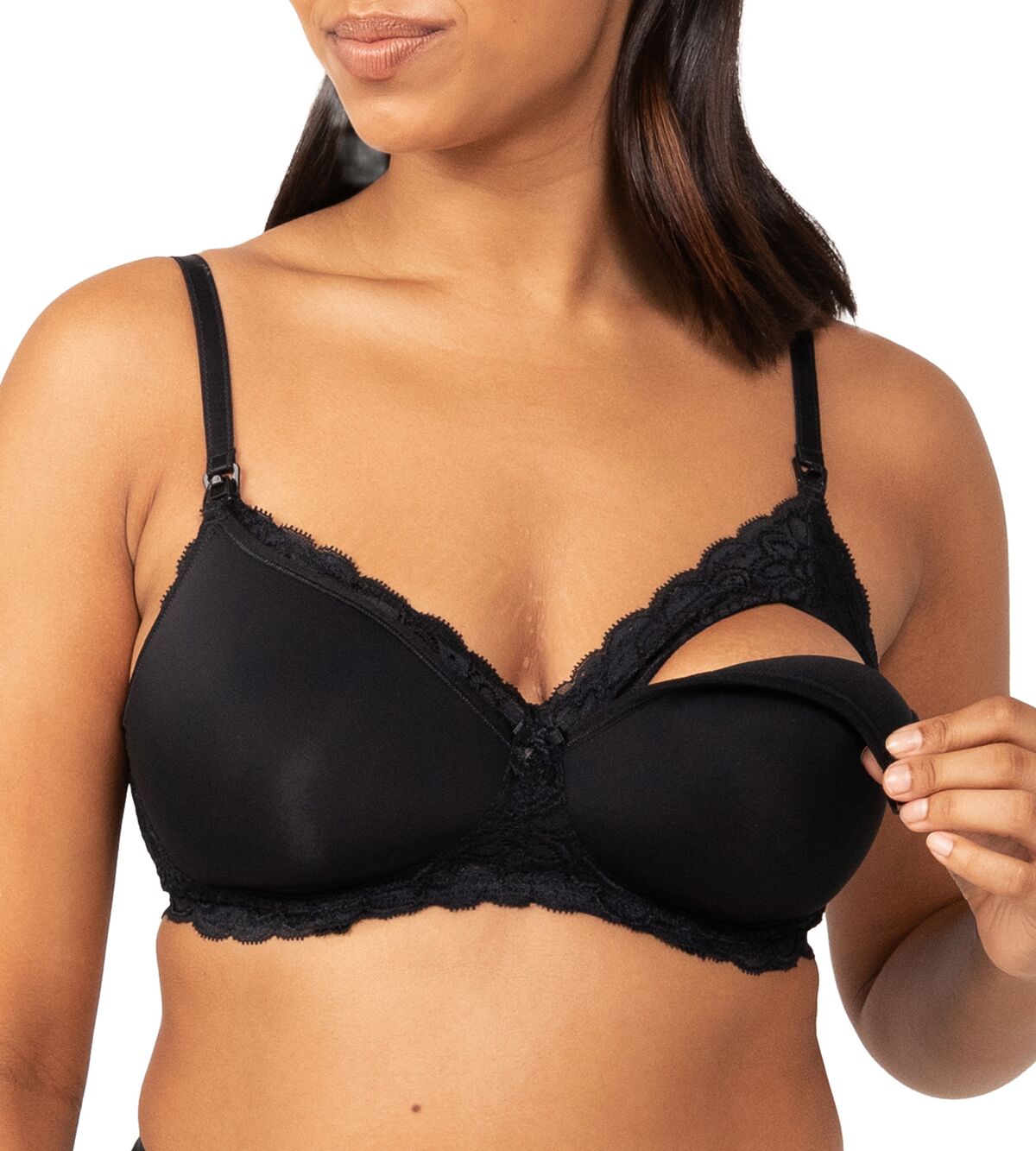Model in Gorgeous Mama Maternity Bra Black showing nursing clip on cup with lace trim.