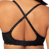 Close up of Model wearing Gorgeous Mama Maternity Bra in black with crisscross strap configuration.