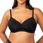 Front view of Model wearing full-view Gorgeous Mama Maternity Bra in black with wide band and supportive design.
