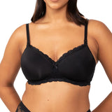 Front view of Model wearing full-view Gorgeous Mama Maternity Bra in black with wide band and supportive design.