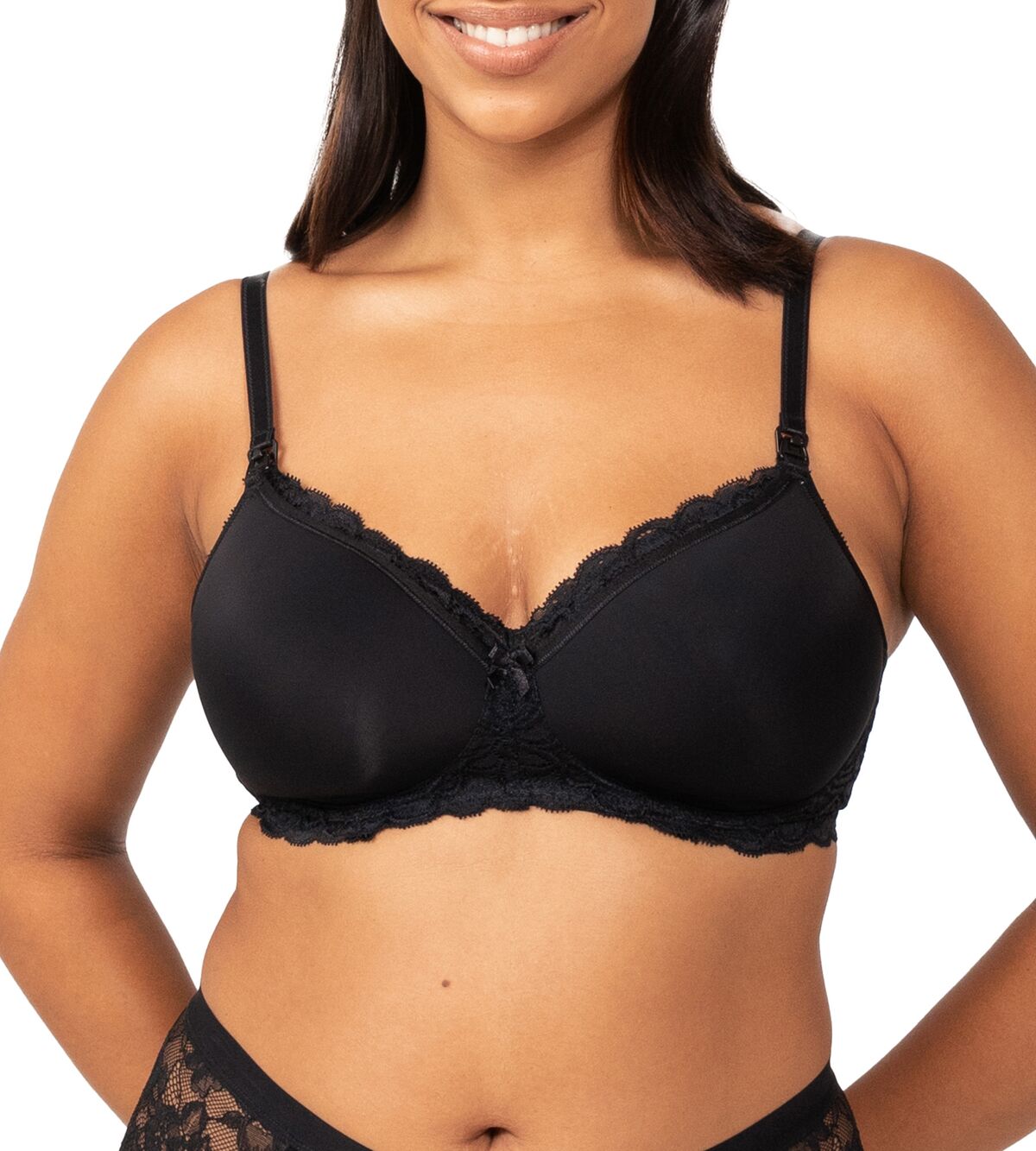 Front view of Model wearing full-view Gorgeous Mama Maternity Bra in black with wide band and supportive design.