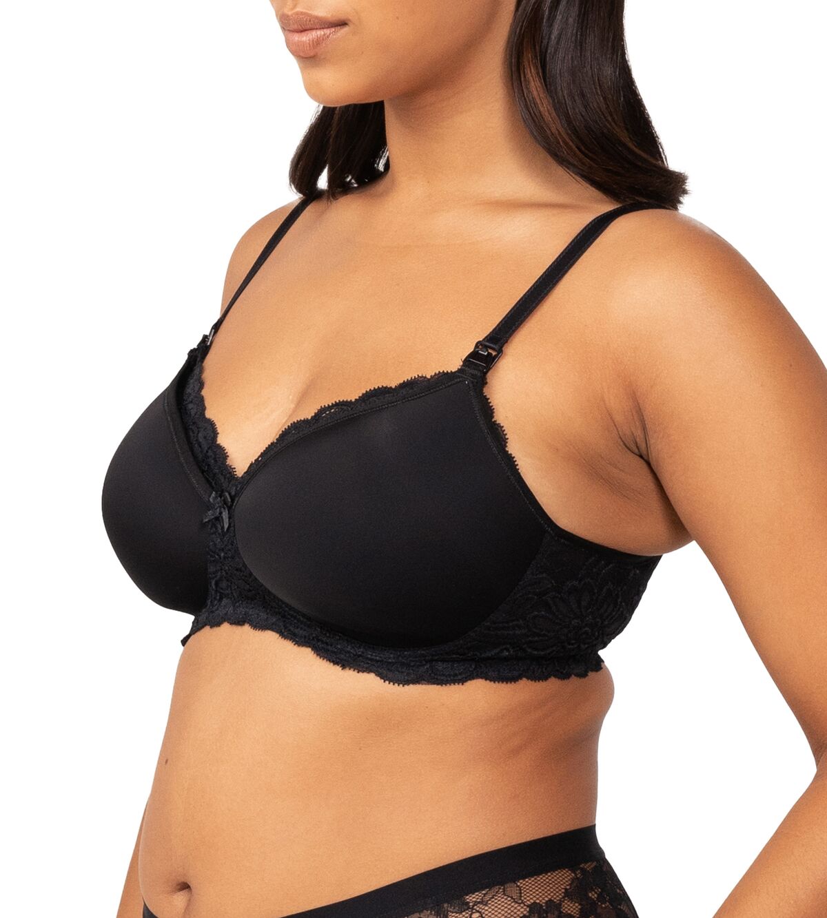 Side profile of model in Triumph maternity bra Black showing padded underbust and nursing clip.