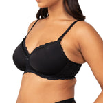 Side profile of model in Triumph maternity bra Black showing padded underbust and nursing clip.