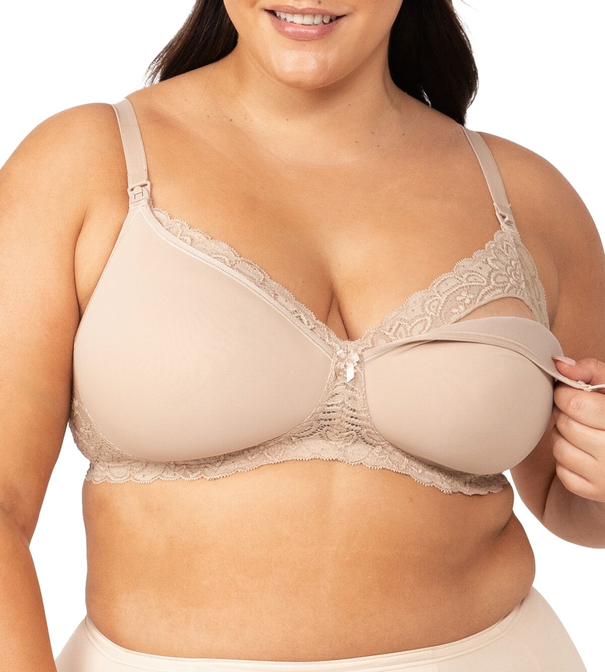 Model wearing Gorgeous Mama Maternity Bra in Nude with one cup unclipped to show drop-down nursing feature.