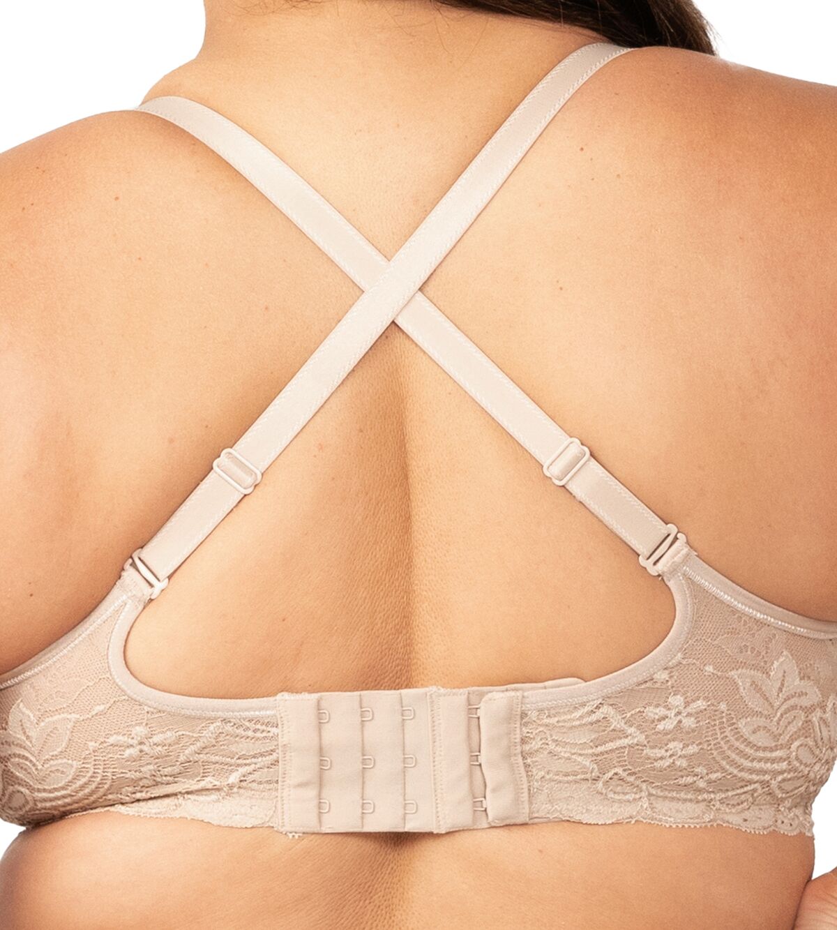 Close up back view of crisscross straps on the Gorgeous Mama Maternity Bra Nude.