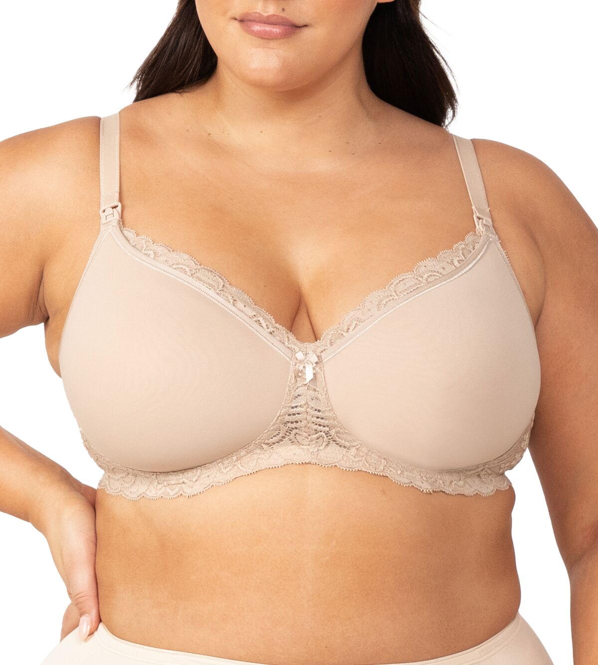Front view of Model in full view wearing Gorgeous Mama Maternity Bra Nude with lace trim and padded underbust.
