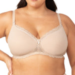 Front view of Model in full view wearing Gorgeous Mama Maternity Bra Nude with lace trim and padded underbust.
