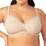 Front view of Model in full view wearing Gorgeous Mama Maternity Bra Nude with lace trim and padded underbust.
