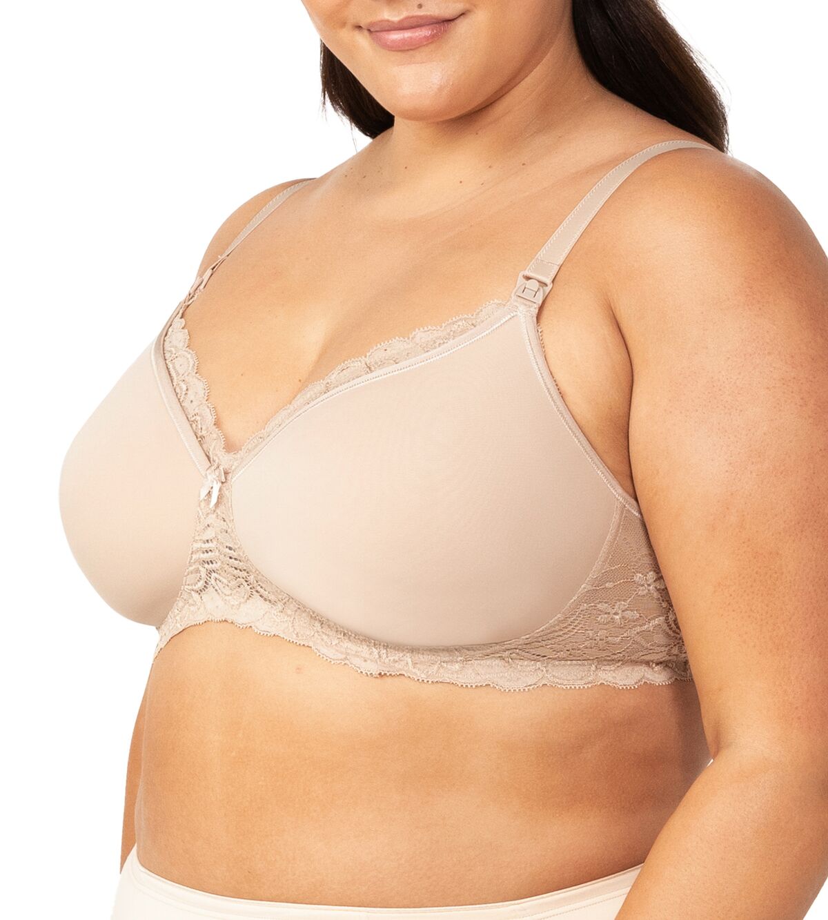 Side angle of model in Nude maternity bra showing padded cups and A-frame support.