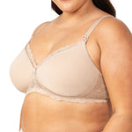Side angle of model in Nude maternity bra showing padded cups and A-frame support.