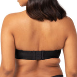 Rear view of Triumph Strapless Bra in Black, featuring silicone grip and supportive band available from The Foundation.