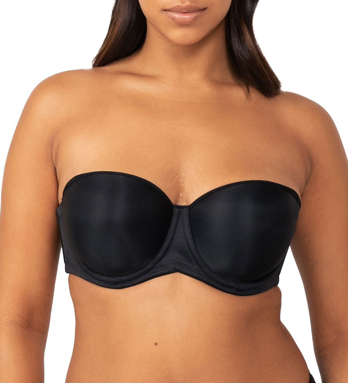 Front view of Triumph Beautiful Silhouette Strapless Bra in Black, smooth moulded cups and invisible fit available at The Foundation.