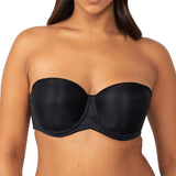 Front view of Triumph Beautiful Silhouette Strapless Bra in Black, smooth moulded cups and invisible fit available at The Foundation.