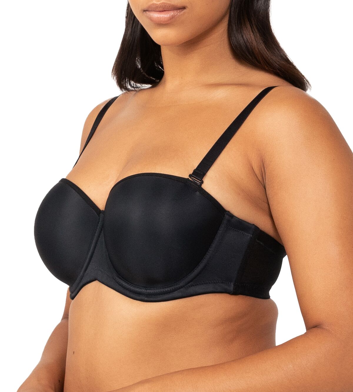 Back view of the Black Silhouette Strapless Bra by Triumph styled with criss-cross straps available now at The Foundation.