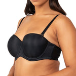 Back view of the Black Silhouette Strapless Bra by Triumph styled with criss-cross straps available now at The Foundation.