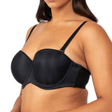 Back view of the Black Silhouette Strapless Bra by Triumph styled with criss-cross straps available now at The Foundation.