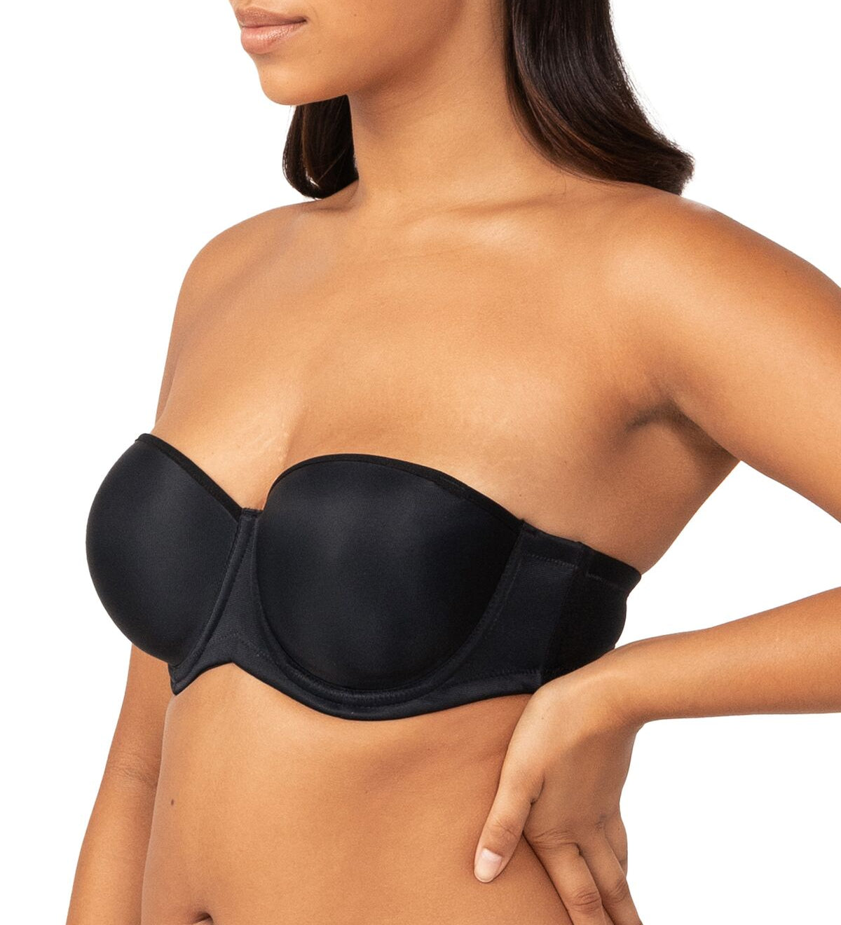 Side angle of Triumph’s Black Strapless Silhouette Bra, showing soft curves and support shop at The Foundation.