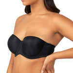 Side angle of Triumph’s Black Strapless Silhouette Bra, showing soft curves and support shop at The Foundation.