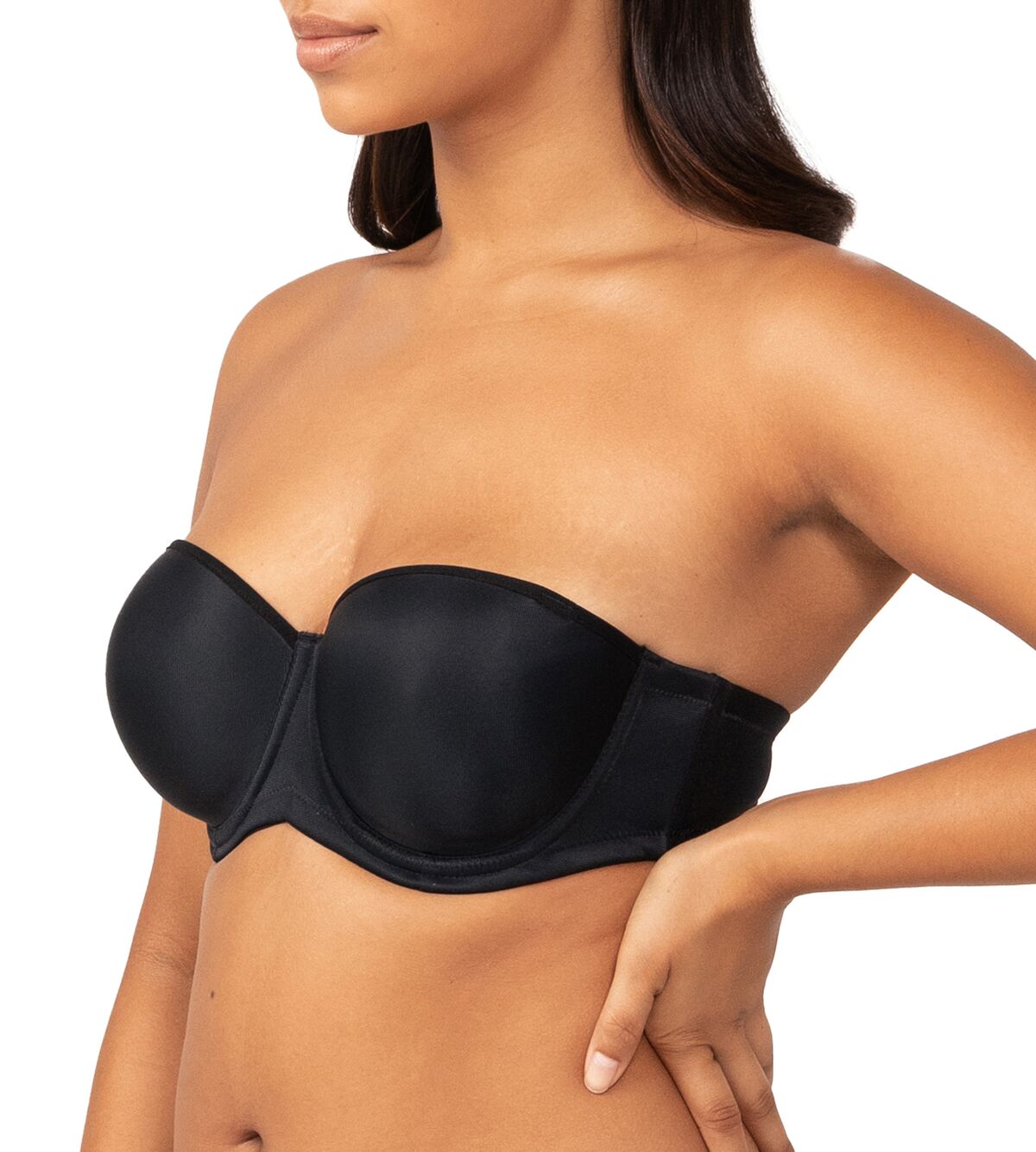 Side angle of Triumph’s Black Strapless Silhouette Bra, showing soft curves and support shop at The Foundation.