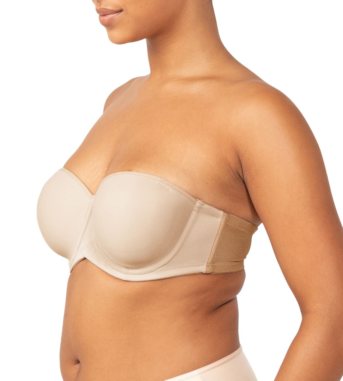 Side view of Triumph Beautiful Silhouette Strapless Bra in nude, featuring removable straps—available at The Foundation.