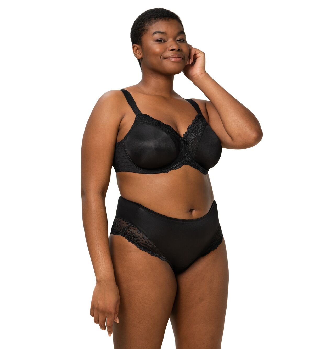 Full body shot of model in Ladyform Soft WX Bra Black, highlighting comfortable fit and adjustable straps