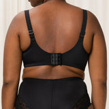 Back view of Ladyform Soft WX Bra Black, displaying supportive wide wings and secure hook closure