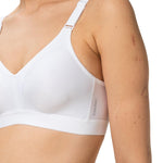 Close-up side angle of the Triaction Wellness Bra in White by Triumph, showing smooth fit and breathable stretch—available now at The Foundation.