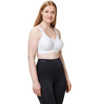 Model wearing full activewear set with Triaction Wellness Bra in White from Triumph—supportive and stylish from The Foundation.