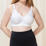 Front view of Triumph Triaction Wellness Bra in White, wire-free with mesh cups and wide straps—available at The Foundation.