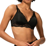 Close up of The Foundation's Amourette Charm Non Wire Moulded Bra in black, showing padded lace cups and high apex design.