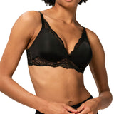 Close up of The Foundation's Amourette Charm Non Wire Moulded Bra in black, showing padded lace cups and high apex design.
