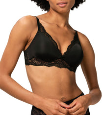 Close up of The Foundation's Amourette Charm Non Wire Moulded Bra in black, showing padded lace cups and high apex design.
