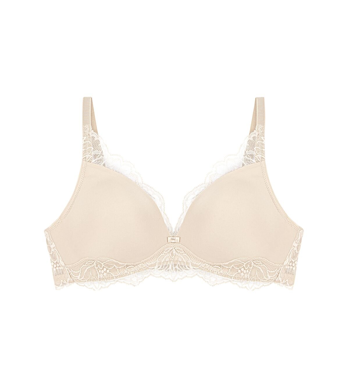 Flat lay of The Foundation's Creamy Dream Amourette Charm Non Wire Bra, highlighting lace detail and moulded cups.
