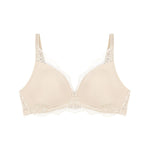 Flat lay of The Foundation's Creamy Dream Amourette Charm Non Wire Bra, highlighting lace detail and moulded cups.