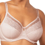 Close-up of Sheer Minimiser Bra by Triumph from The Foundation, highlighting lace detailing and firm upper panel.