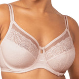 Close-up of Sheer Minimiser Bra by Triumph from The Foundation, highlighting lace detailing and firm upper panel.
