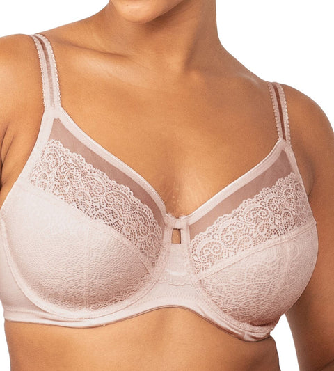 Close-up of Sheer Minimiser Bra by Triumph from The Foundation, highlighting lace detailing and firm upper panel.