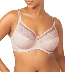 Front view of the Sheer Minimiser Bra in nude pink by Triumph, available at The Foundation—supportive fit with sheer lace for everyday wear.