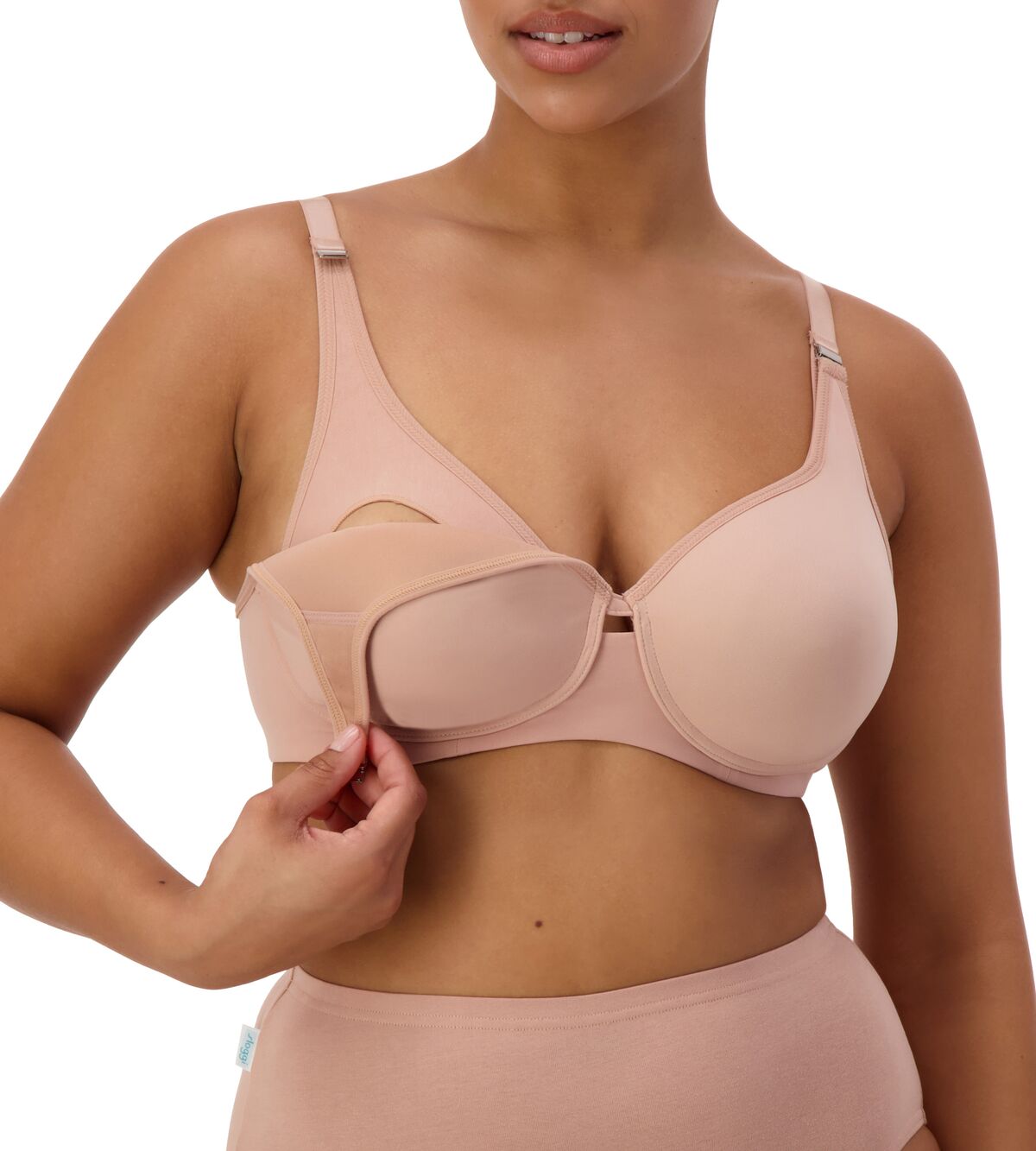 Profile view of Gorgeous Maternity P Blusher Beige bra, focusing on layered fabric wings and keyhole detail