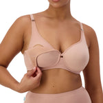Profile view of Gorgeous Maternity P Blusher Beige bra, focusing on layered fabric wings and keyhole detail
