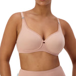 Front view of model wearing Gorgeous Maternity P Blusher Beige bra, highlighting wirefree design and comfortable fit
